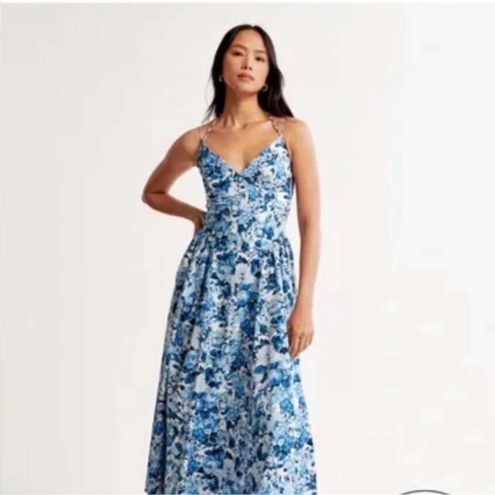 NWT Abercrombie Strappy Drop-Waist Maxi Dress Blue Floral